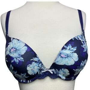 Victorias Secret Dream Angels Bra Womens 34D Blue‎ Floral Rhinestones Push Up